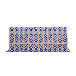 Blue beaded clutch with shoulder chain